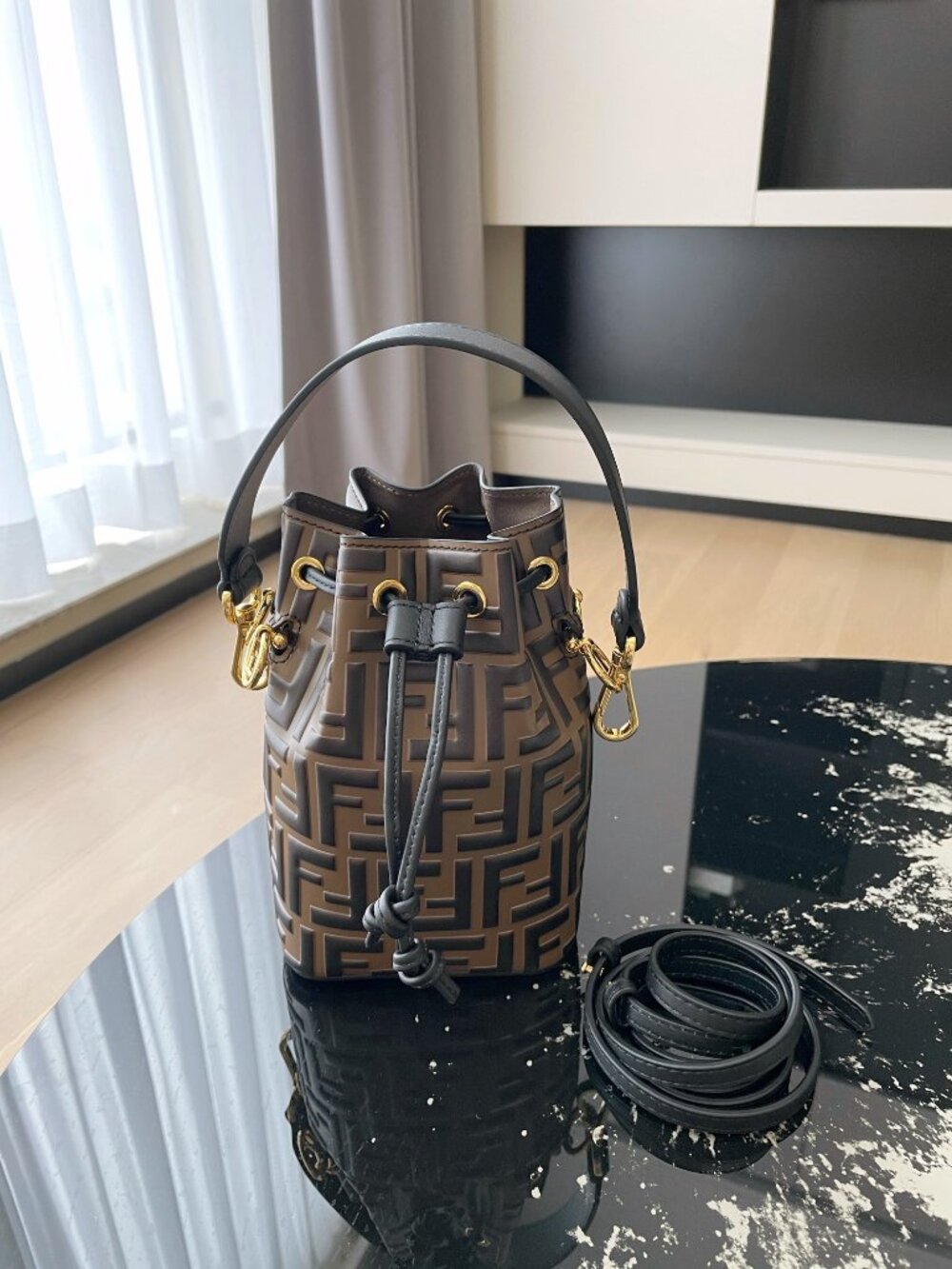 Fendi Mon Tresor Mini Bucket Bag in Brown FF Embossed Leather